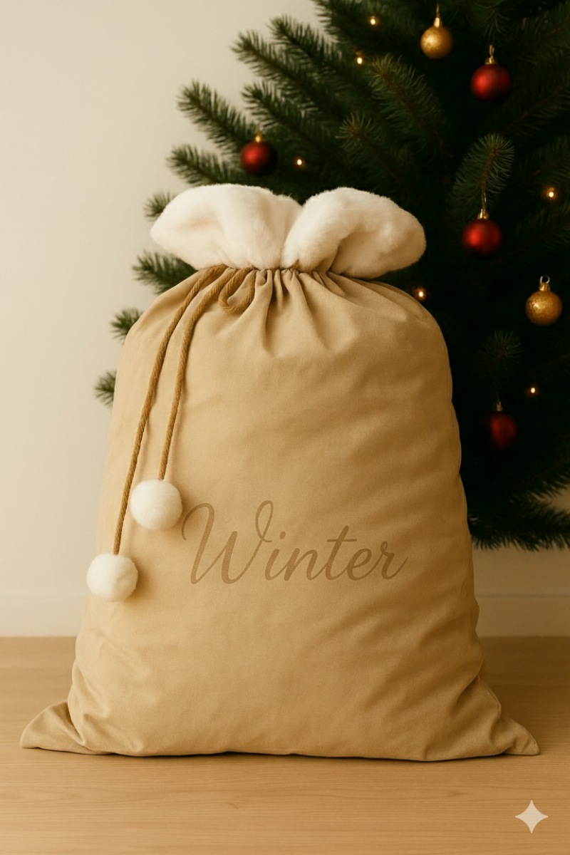 Beige drawstring bag with name in front of a decorated Christmas tree.