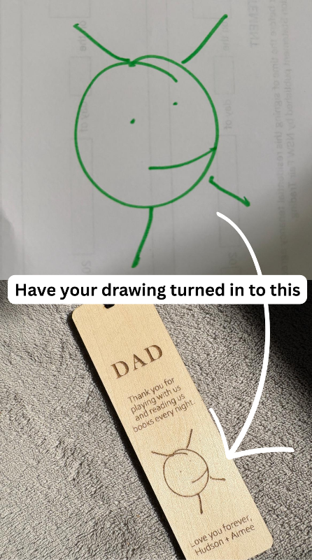 Child's drawing of a stick figure with a bookmark featuring the same design and text.