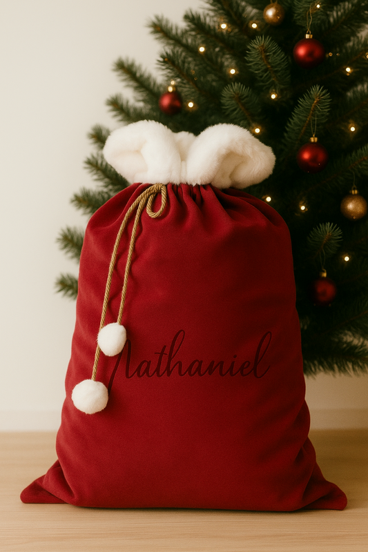 Red gift sack with white fur top and gold drawstring, personalized 'MATHANIEL', in front of a decorated Christmas tree.