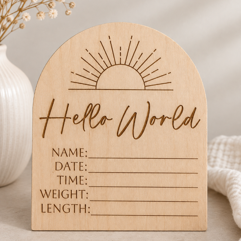 A light natural wood arch-shaped sign engraved with a sun and the words 'Hello World' followed by lines for writing name, date, time, weight, and length. The sign is styled on a beige surface with dried flowers in a white vase on the left and a soft white textile on the right.